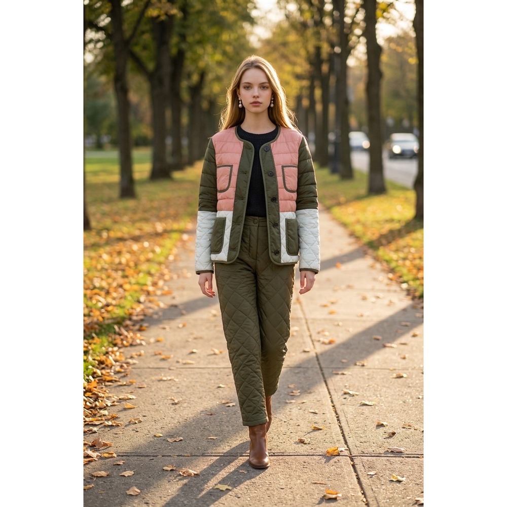 J.Crew Signature Puffer Jacket Colorblock PrimaLoft Olive Pink White Small